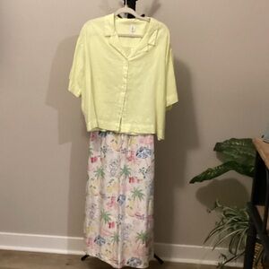 Tropical Print Maxi Skirt & lemony linen blouse set
